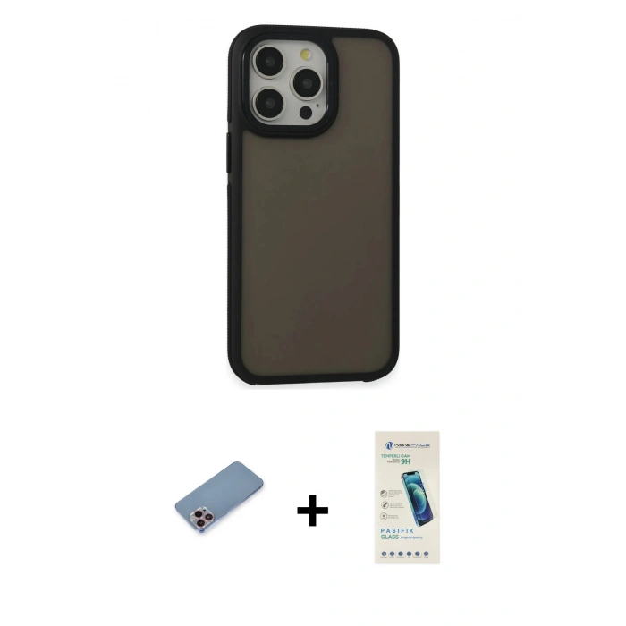 MARSİLYAN™- iPhone 13 Pro Max Kılıf Eksen Işık - Şeffaf Pasifik Cam Ekran Koruyucu + Shine Kamera Lens Koruma Cam - PE