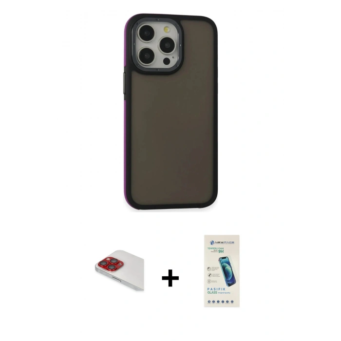 MARSİLYAN™- iPhone 13 Pro Max Kılıf Eksen Işık - Şeffaf Pasifik Cam Ekran Koruyucu + Pers Alüminyum Kamera Lens - KI