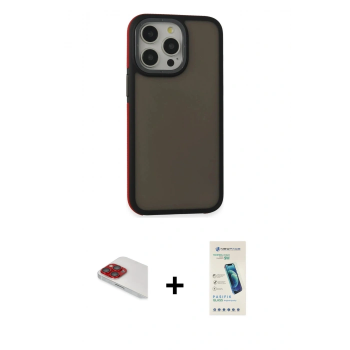 MARSİLYAN™- iPhone 13 Pro Max Kılıf Eksen Işık - Şeffaf Pasifik Cam Ekran Koruyucu + Pers Alüminyum Kamera Lens - KI