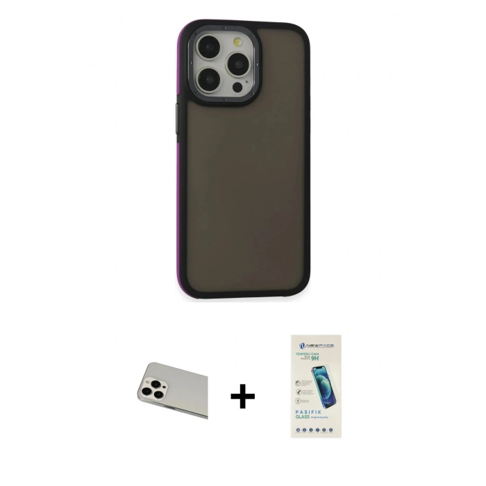 MARSİLYAN™- iPhone 13 Pro Max Kılıf Eksen Işık - Şeffaf Pasifik Cam Ekran Koruyucu + Rainbow Kamera Lens Koruma Cam - BZ