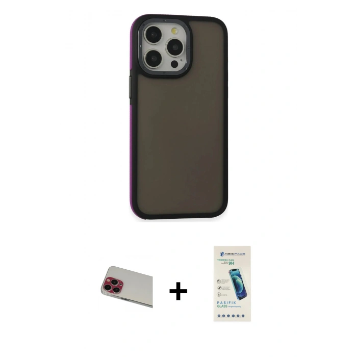 MARSİLYAN™- iPhone 13 Pro Max Kılıf Eksen Işık - Şeffaf Pasifik Cam Ekran Koruyucu + Rainbow Kamera Lens Koruma Cam - KI