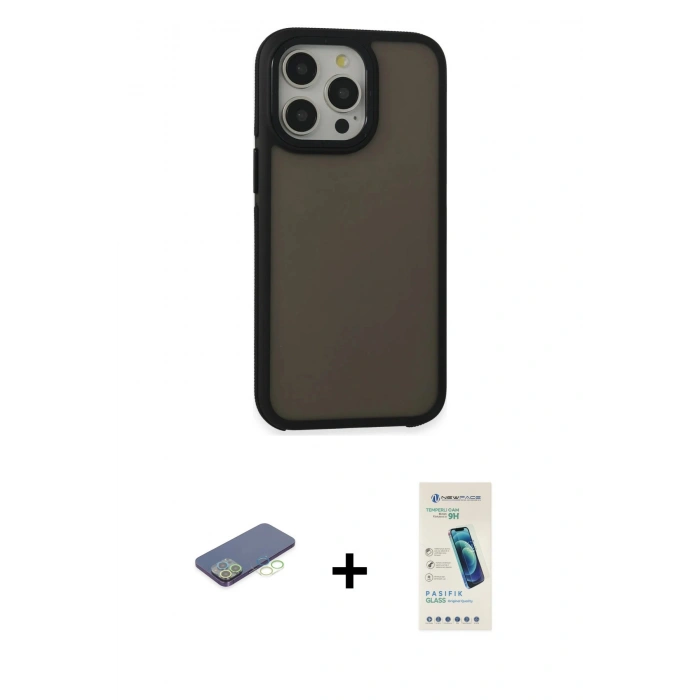 MARSİLYAN™- iPhone 13 Pro Max Kılıf Eksen Işık - Şeffaf Pasifik Cam Ekran Koruyucu + Renkli Kamera Lens Koruma Cam - YL
