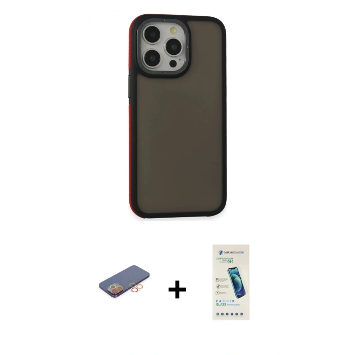 MARSİLYAN™- iPhone 13 Pro Max Kılıf Eksen Işık - Şeffaf Pasifik Cam Ekran Koruyucu + Renkli Kamera Lens Koruma Cam - TU
