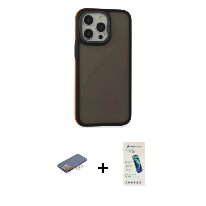MARSİLYAN™- iPhone 13 Pro Max Kılıf Eksen Işık - Şeffaf Pasifik Cam Ekran Koruyucu + Renkli Kamera Lens Koruma Cam - TU