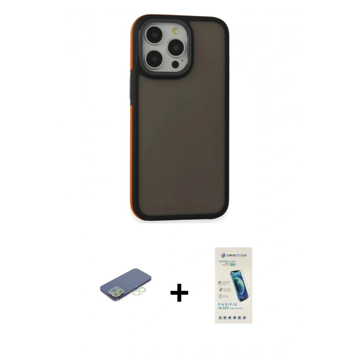 MARSİLYAN™- iPhone 13 Pro Max Kılıf Eksen Işık - Şeffaf Pasifik Cam Ekran Koruyucu + Renkli Kamera Lens Koruma Cam - YL