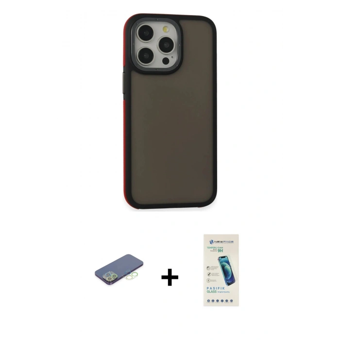 MARSİLYAN™- iPhone 13 Pro Max Kılıf Eksen Işık - Şeffaf Pasifik Cam Ekran Koruyucu + Renkli Kamera Lens Koruma Cam - YL