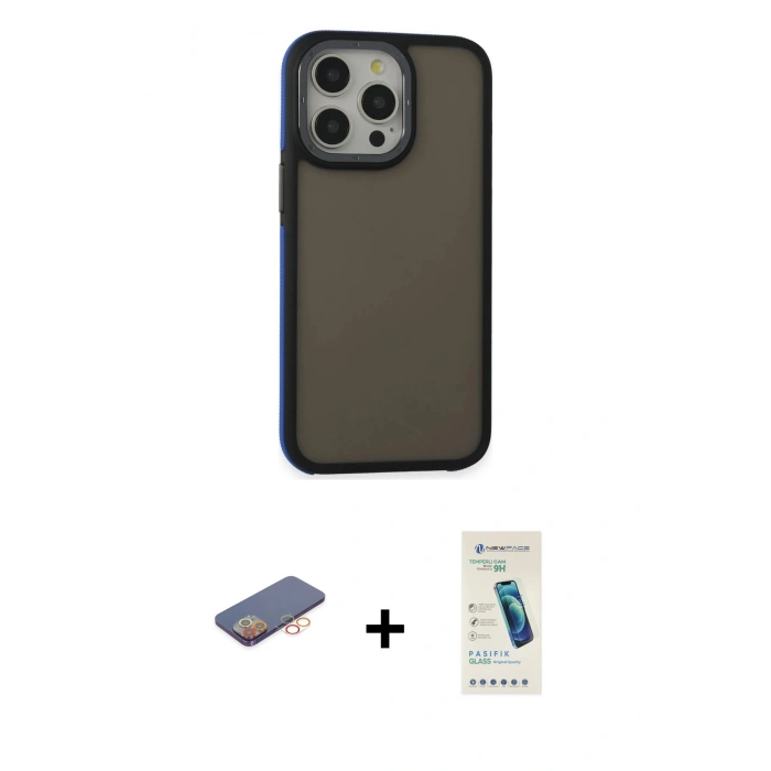 MARSİLYAN™- iPhone 13 Pro Max Kılıf Eksen Işık - Şeffaf Pasifik Cam Ekran Koruyucu + Renkli Kamera Lens Koruma Cam - TU