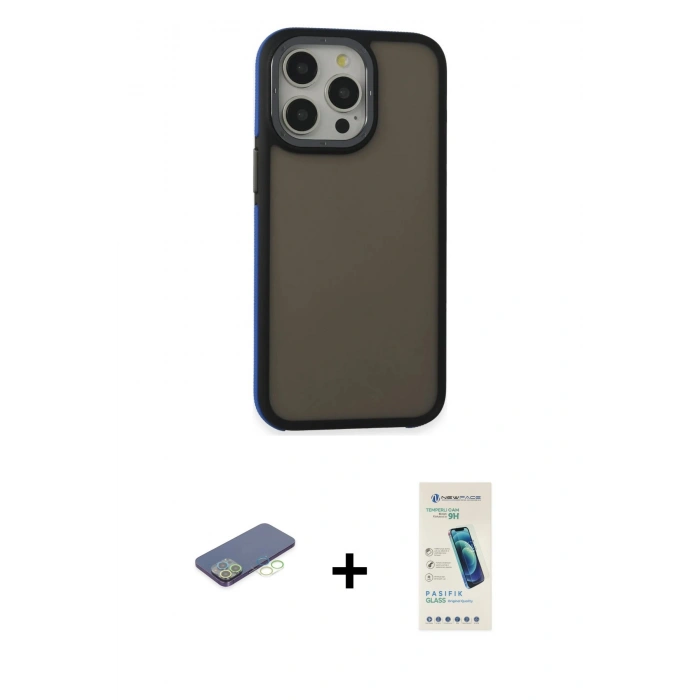 MARSİLYAN™- iPhone 13 Pro Max Kılıf Eksen Işık - Şeffaf Pasifik Cam Ekran Koruyucu + Renkli Kamera Lens Koruma Cam - YL