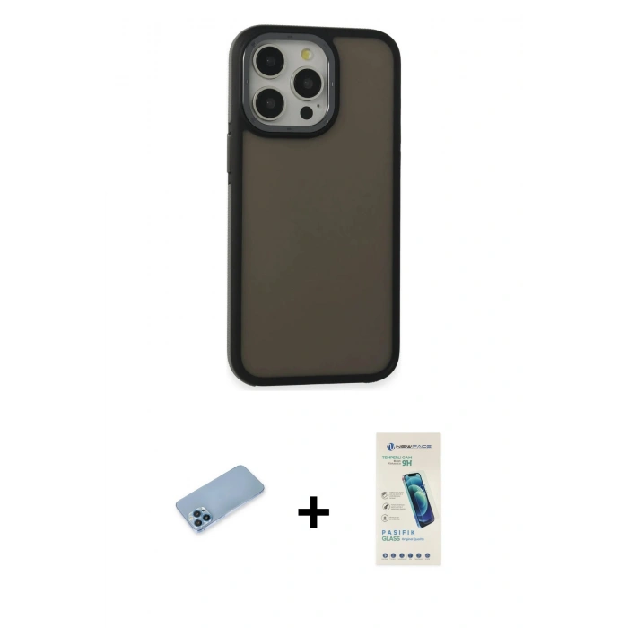 MARSİLYAN™- iPhone 13 Pro Max Kılıf Eksen Işık - Şeffaf Pasifik Cam Ekran Koruyucu + Shine Kamera Lens Koruma Cam - MI
