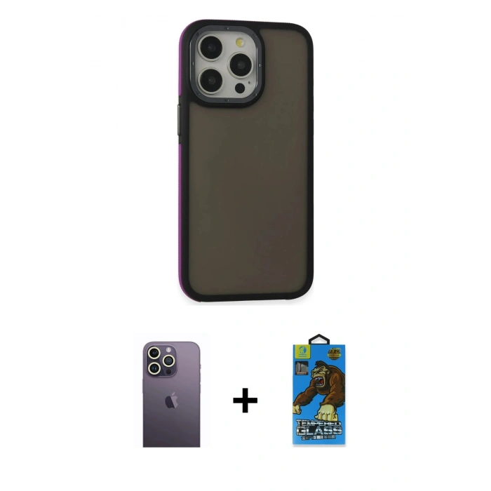 MARSİLYAN™- iPhone 13 Pro Max Kılıf Eksen Işık - Siyah 18D Cam Ekran Koruyucu + Neon Fosforlu Kamera Lens - BZ