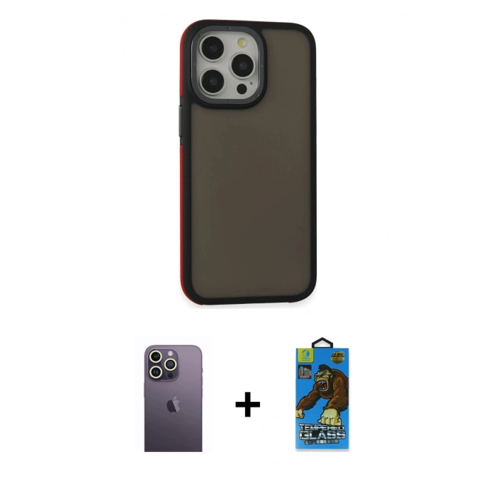 MARSİLYAN™- iPhone 13 Pro Max Kılıf Eksen Işık - Siyah 18D Cam Ekran Koruyucu + Neon Fosforlu Kamera Lens - BZ