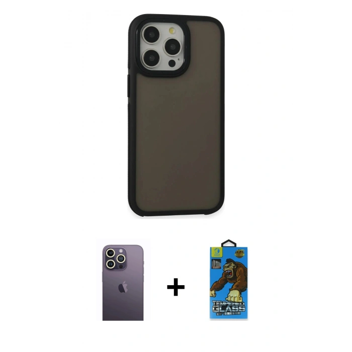 MARSİLYAN™- iPhone 13 Pro Max Kılıf Eksen Işık - Siyah 18D Cam Ekran Koruyucu + Neon Fosforlu Kamera Lens - BZ