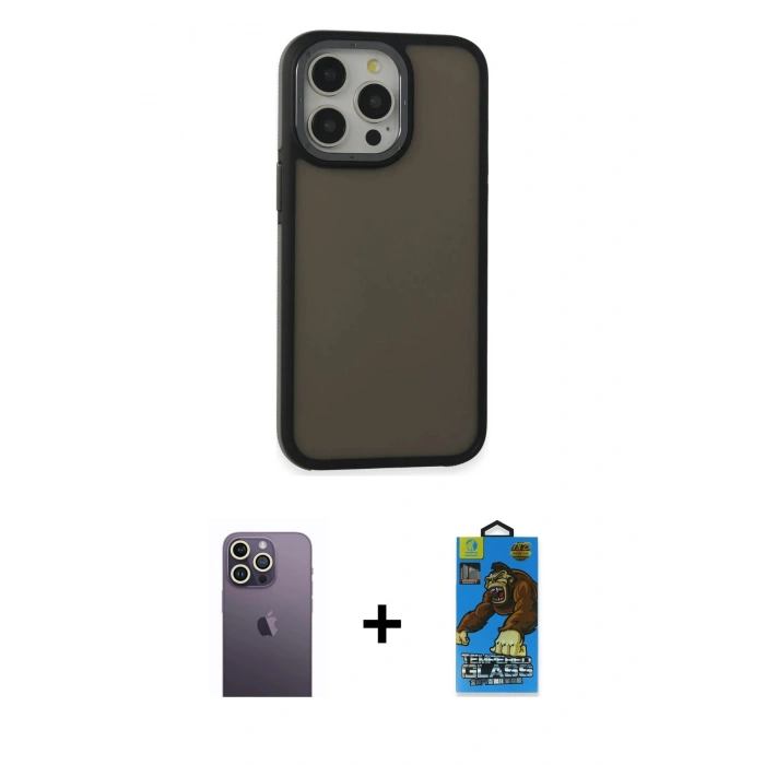 MARSİLYAN™- iPhone 13 Pro Max Kılıf Eksen Işık - Siyah 18D Cam Ekran Koruyucu + Neon Fosforlu Kamera Lens - BZ