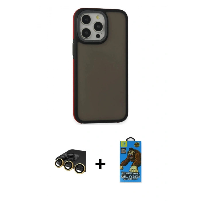 MARSİLYAN™- iPhone 13 Pro Max Kılıf Eksen Işık - Siyah 18D Cam Ekran Koruyucu + Raze Metal Kamera Lens - GD