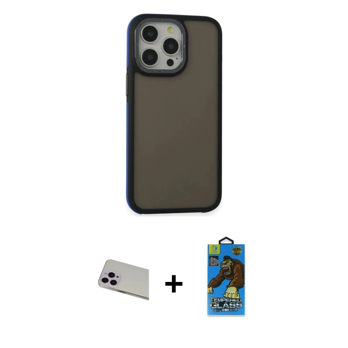 MARSİLYAN™- iPhone 13 Pro Max Kılıf Eksen Işık - Siyah 18D Cam Ekran Koruyucu + Rainbow Kamera Lens Koruma Cam - MR