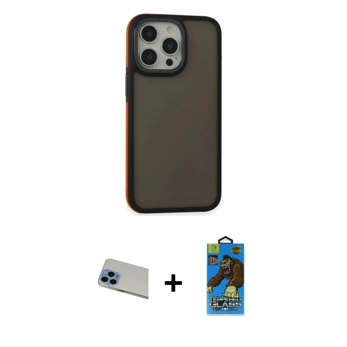 MARSİLYAN™- iPhone 13 Pro Max Kılıf Eksen Işık - Siyah 18D Cam Ekran Koruyucu + Rainbow Kamera Lens Koruma Cam - MI