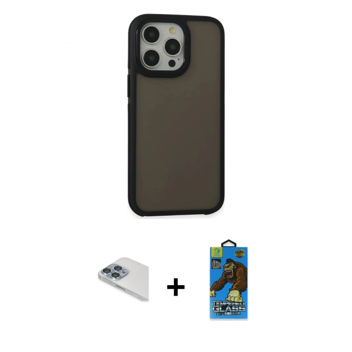 MARSİLYAN™- iPhone 13 Pro Max Kılıf Eksen Işık - Siyah 18D Cam Ekran Koruyucu + Pers Alüminyum Kamera Lens - SABE