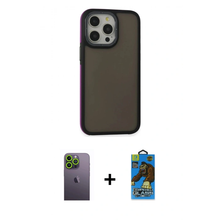 MARSİLYAN™- iPhone 13 Pro Max Kılıf Eksen Işık - Siyah 18D Cam Ekran Koruyucu + Neon Fosforlu Kamera Lens - YL