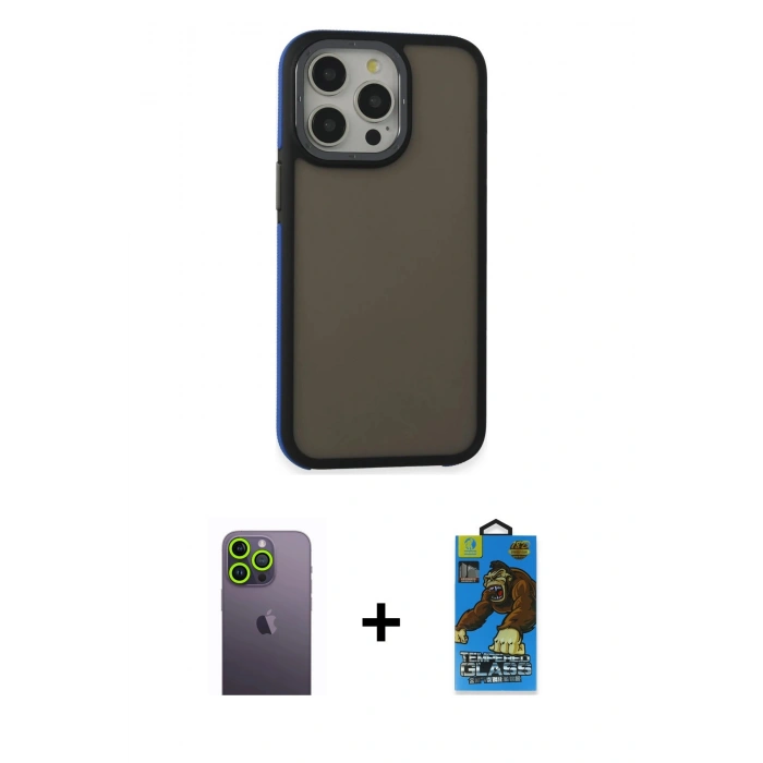 MARSİLYAN™- iPhone 13 Pro Max Kılıf Eksen Işık - Siyah 18D Cam Ekran Koruyucu + Neon Fosforlu Kamera Lens - YL