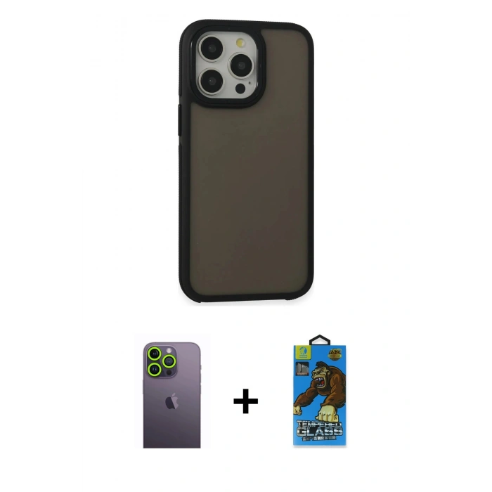 MARSİLYAN™- iPhone 13 Pro Max Kılıf Eksen Işık - Siyah 18D Cam Ekran Koruyucu + Neon Fosforlu Kamera Lens - YL