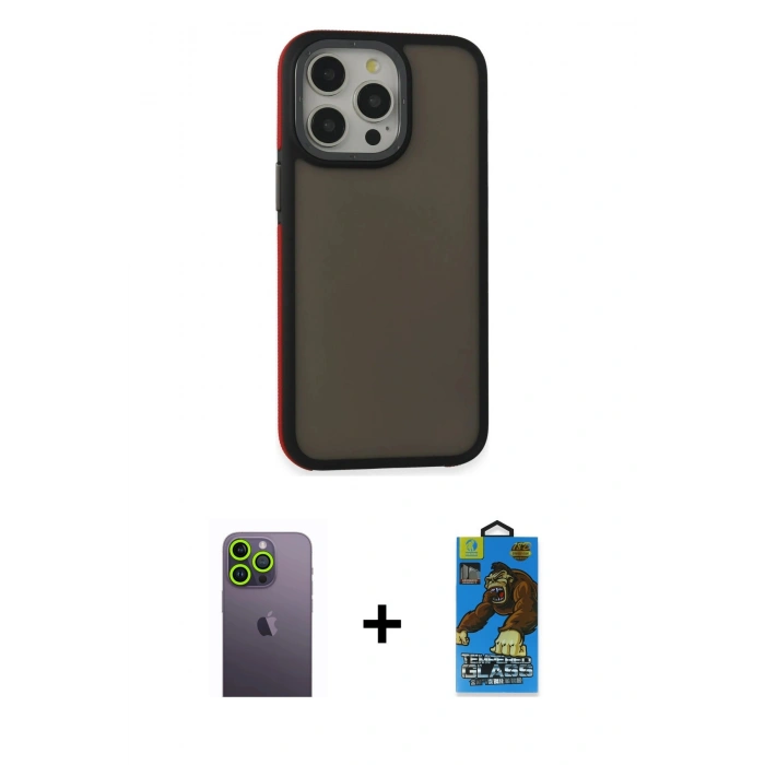 MARSİLYAN™- iPhone 13 Pro Max Kılıf Eksen Işık - Siyah 18D Cam Ekran Koruyucu + Neon Fosforlu Kamera Lens - YL