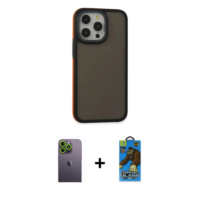 MARSİLYAN™- iPhone 13 Pro Max Kılıf Eksen Işık - Siyah 18D Cam Ekran Koruyucu + Neon Fosforlu Kamera Lens - YL