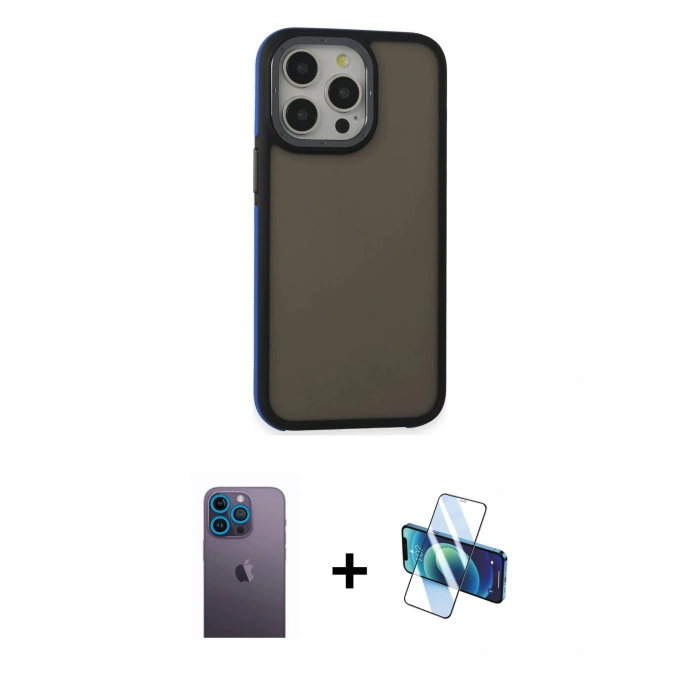 MARSİLYAN™- iPhone 13 Pro Max Kılıf Eksen Işık - Siyah 3D Antistatik Cam Ekran Koruyucu + Neon Fosforlu Kamera Lens - MI