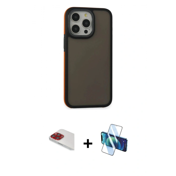 MARSİLYAN™- iPhone 13 Pro Max Kılıf Eksen Işık - Siyah 3D Antistatik Cam Ekran Koruyucu + Pers Alüminyum Kamera Lens - KI