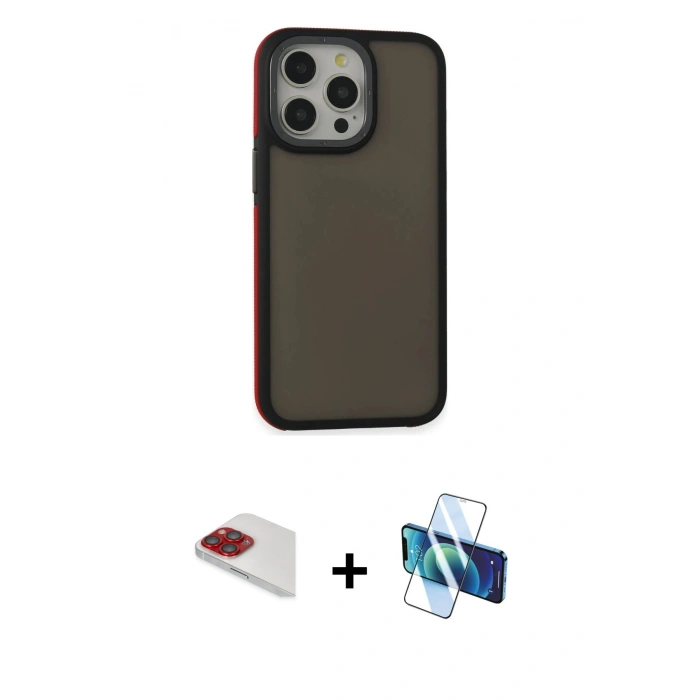 MARSİLYAN™- iPhone 13 Pro Max Kılıf Eksen Işık - Siyah 3D Antistatik Cam Ekran Koruyucu + Pers Alüminyum Kamera Lens - KI