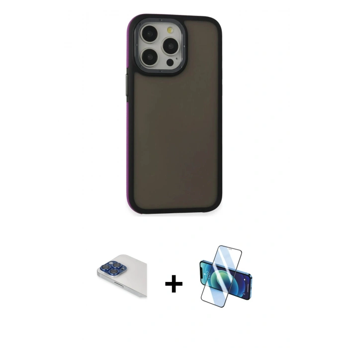 MARSİLYAN™- iPhone 13 Pro Max Kılıf Eksen Işık - Siyah 3D Antistatik Cam Ekran Koruyucu + Pers Alüminyum Kamera Lens - LT