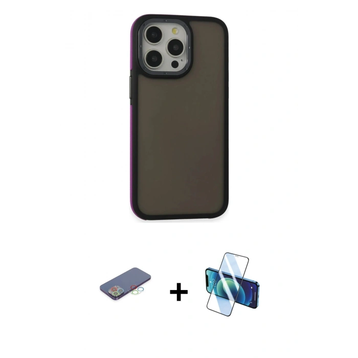 MARSİLYAN™- iPhone 13 Pro Max Kılıf Eksen Işık - Siyah 3D Antistatik Cam Ekran Koruyucu + Renkli Kamera Lens Koruma Cam - MI