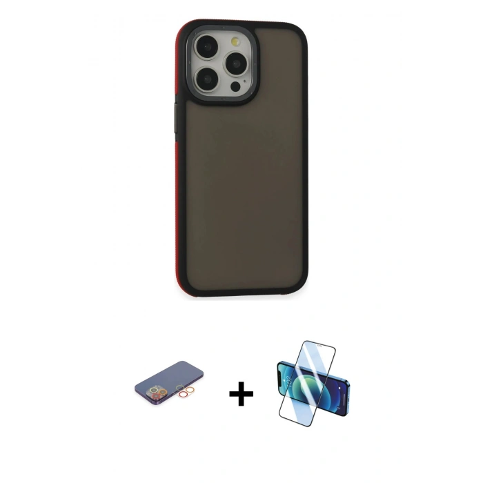 MARSİLYAN™- iPhone 13 Pro Max Kılıf Eksen Işık - Siyah 3D Antistatik Cam Ekran Koruyucu + Renkli Kamera Lens Koruma Cam - TU