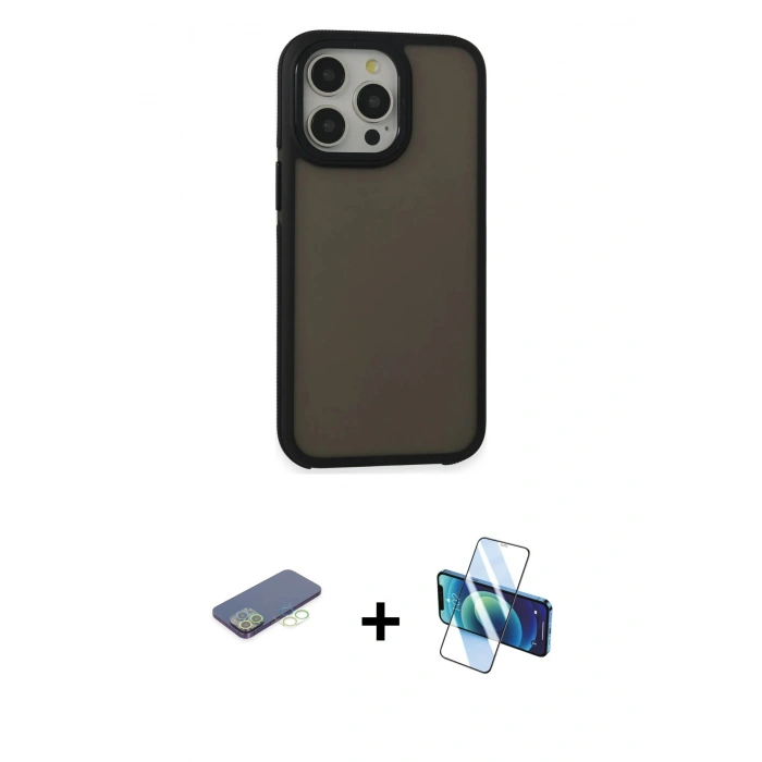 MARSİLYAN™- iPhone 13 Pro Max Kılıf Eksen Işık - Siyah 3D Antistatik Cam Ekran Koruyucu + Renkli Kamera Lens Koruma Cam - YL
