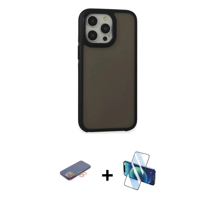 MARSİLYAN™- iPhone 13 Pro Max Kılıf Eksen Işık - Siyah 3D Antistatik Cam Ekran Koruyucu + Renkli Kamera Lens Koruma Cam - TU