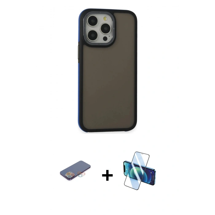 MARSİLYAN™- iPhone 13 Pro Max Kılıf Eksen Işık - Siyah 3D Antistatik Cam Ekran Koruyucu + Renkli Kamera Lens Koruma Cam - PE