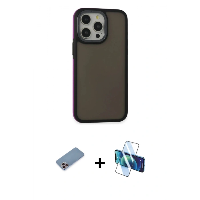 MARSİLYAN™- iPhone 13 Pro Max Kılıf Eksen Işık - Siyah 3D Antistatik Cam Ekran Koruyucu + Shine Kamera Lens Koruma Cam - PE