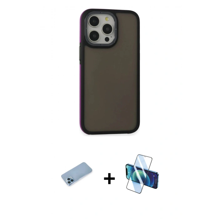 MARSİLYAN™- iPhone 13 Pro Max Kılıf Eksen Işık - Siyah 3D Antistatik Cam Ekran Koruyucu + Shine Kamera Lens Koruma Cam - MI
