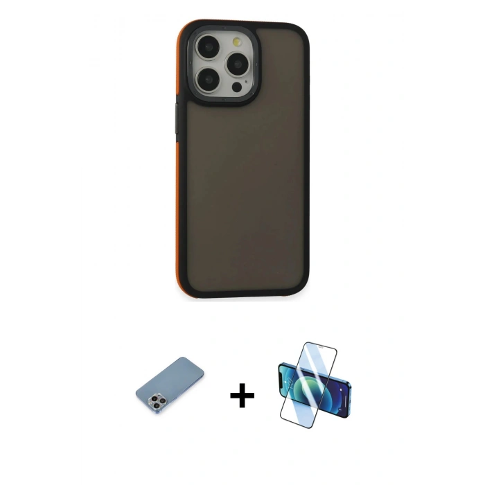 MARSİLYAN™- iPhone 13 Pro Max Kılıf Eksen Işık - Siyah 3D Antistatik Cam Ekran Koruyucu + Shine Kamera Lens Koruma Cam - GI