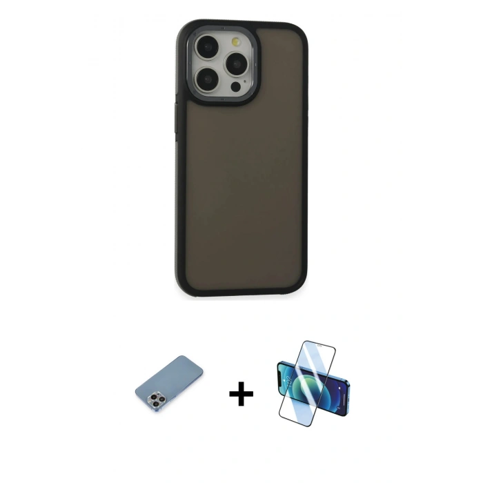 MARSİLYAN™- iPhone 13 Pro Max Kılıf Eksen Işık - Siyah 3D Antistatik Cam Ekran Koruyucu + Shine Kamera Lens Koruma Cam - GI