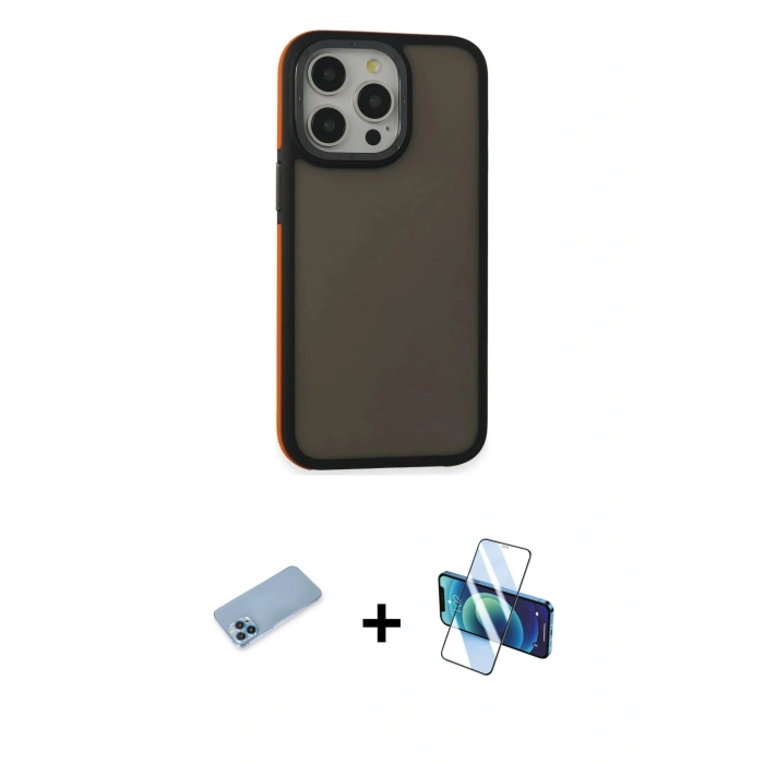 MARSİLYAN™- iPhone 13 Pro Max Kılıf Eksen Işık - Siyah 3D Antistatik Cam Ekran Koruyucu + Shine Kamera Lens Koruma Cam - MI