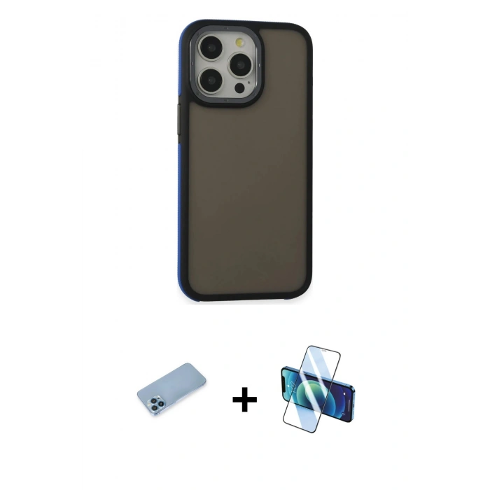 MARSİLYAN™- iPhone 13 Pro Max Kılıf Eksen Işık - Siyah 3D Antistatik Cam Ekran Koruyucu + Shine Kamera Lens Koruma Cam - MI