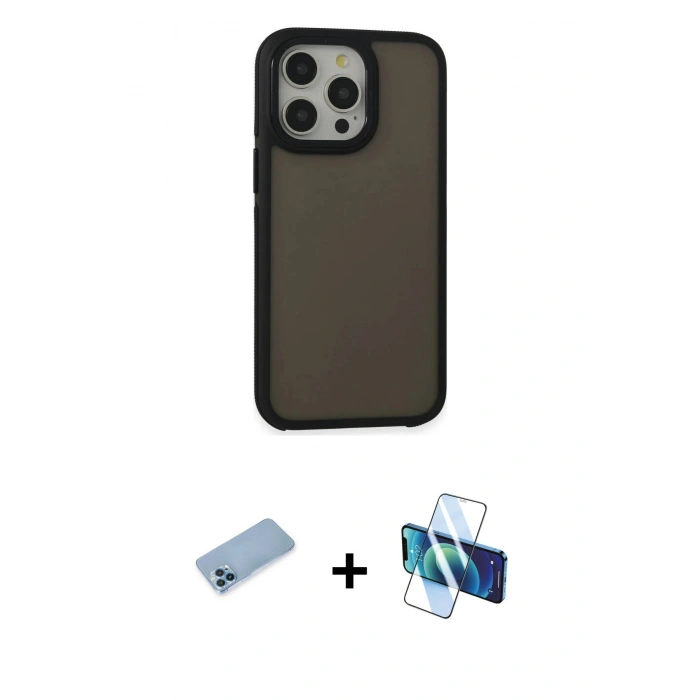 MARSİLYAN™- iPhone 13 Pro Max Kılıf Eksen Işık - Siyah 3D Antistatik Cam Ekran Koruyucu + Shine Kamera Lens Koruma Cam - MI