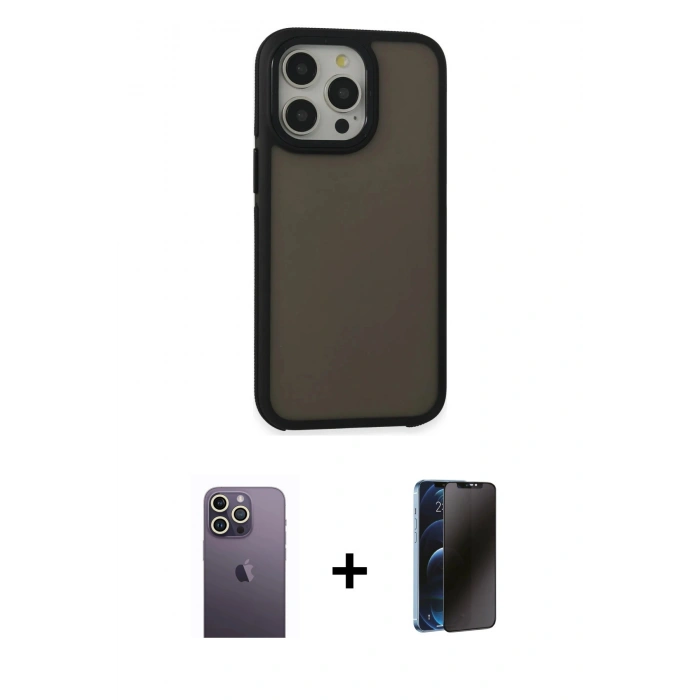 MARSİLYAN™- iPhone 13 Pro Max Kılıf Eksen Işık - Siyah 3D Antistatik Hayalet Cam Ekran Koruyucu + Neon Fosforlu Kamera Lens - BZ