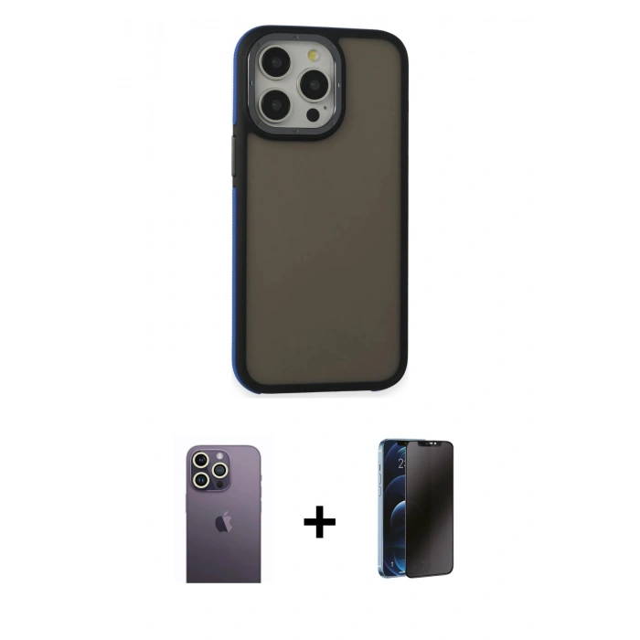 MARSİLYAN™- iPhone 13 Pro Max Kılıf Eksen Işık - Siyah 3D Antistatik Hayalet Cam Ekran Koruyucu + Neon Fosforlu Kamera Lens - BZ