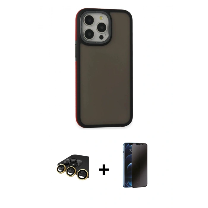 MARSİLYAN™- iPhone 13 Pro Max Kılıf Eksen Işık - Siyah 3D Antistatik Hayalet Cam Ekran Koruyucu + Raze Metal Kamera Lens - GD