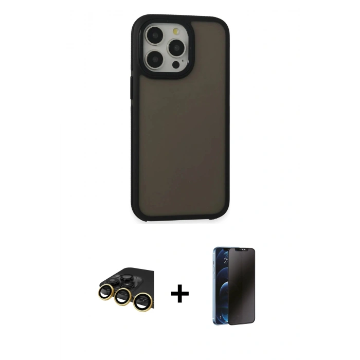 MARSİLYAN™- iPhone 13 Pro Max Kılıf Eksen Işık - Siyah 3D Antistatik Hayalet Cam Ekran Koruyucu + Raze Metal Kamera Lens - GD
