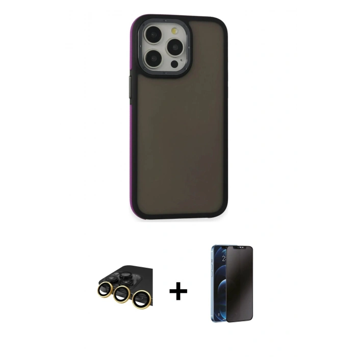 MARSİLYAN™- iPhone 13 Pro Max Kılıf Eksen Işık - Siyah 3D Antistatik Hayalet Cam Ekran Koruyucu + Raze Metal Kamera Lens - GD
