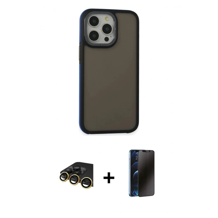 MARSİLYAN™- iPhone 13 Pro Max Kılıf Eksen Işık - Siyah 3D Antistatik Hayalet Cam Ekran Koruyucu + Raze Metal Kamera Lens - GD