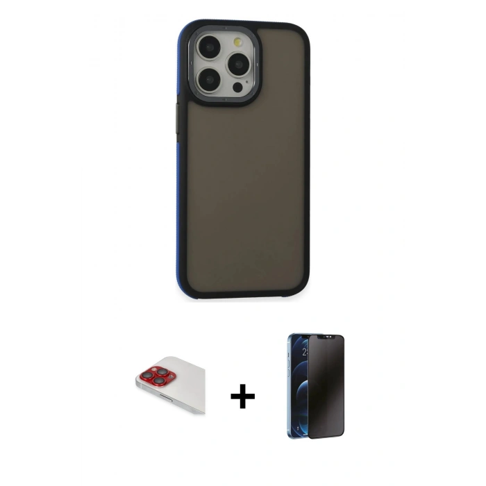MARSİLYAN™- iPhone 13 Pro Max Kılıf Eksen Işık - Siyah 3D Antistatik Hayalet Cam Ekran Koruyucu + Pers Alüminyum Kamera Lens - KI