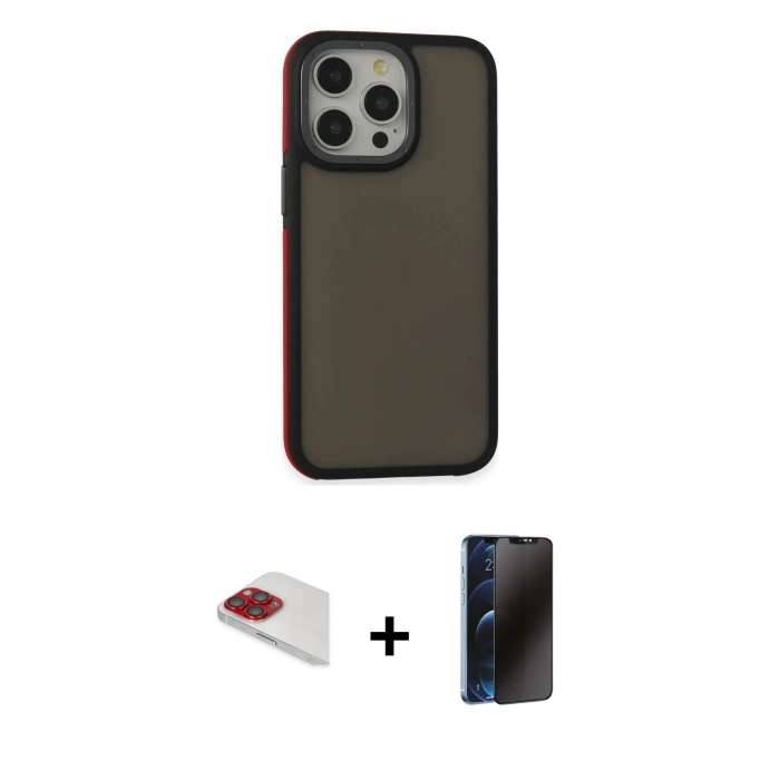 MARSİLYAN™- iPhone 13 Pro Max Kılıf Eksen Işık - Siyah 3D Antistatik Hayalet Cam Ekran Koruyucu + Pers Alüminyum Kamera Lens - KI
